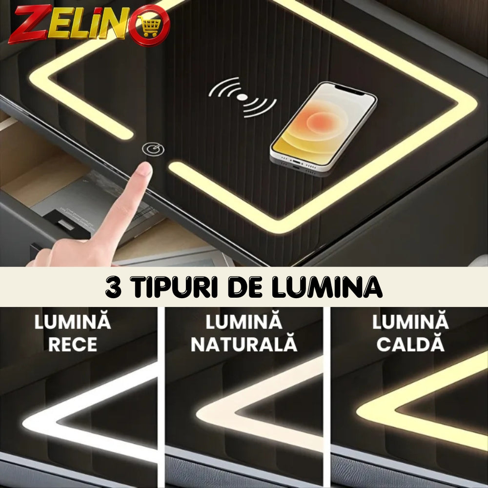 Noptiera ZELINO Cu Incarcare Wireless, Boxa Bluetooth, Lumina LED si Inchidere cu Amprenta