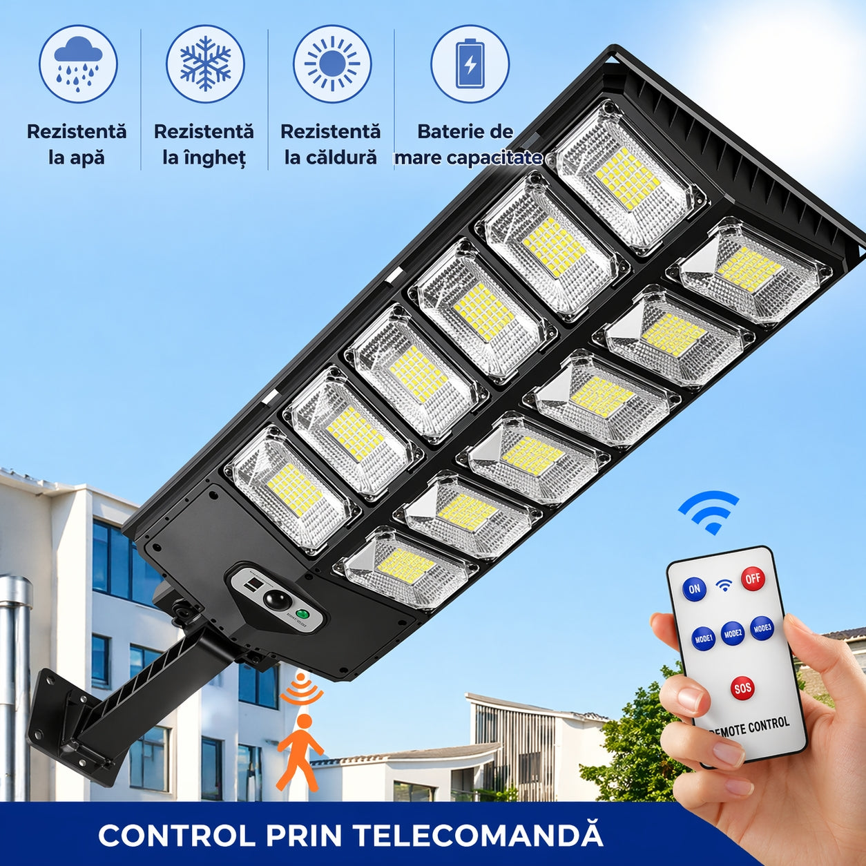 Lampă Solară Puternică Stradală LED cu Senzor Mișcare și Telecomandă