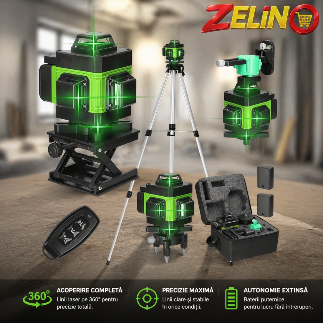 Nivelă ZELINO Laser 4D Profesională cu 16 Linii - Autonivelare, Trepied 150 cm și Telecomandă