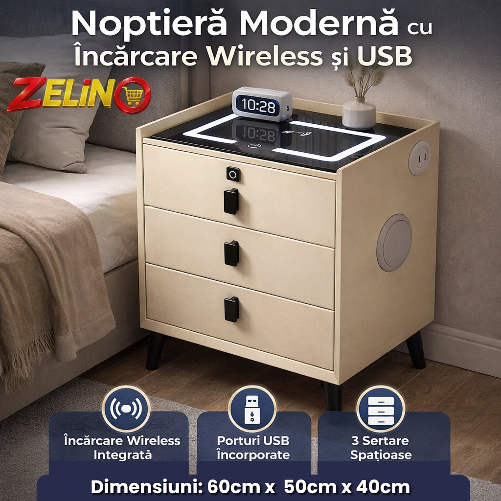 Noptiera ZELINO Cu Incarcare Wireless, Boxa Bluetooth, Lumina LED si Inchidere cu Amprenta