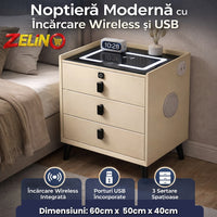 Noptiera ZELINO Cu Incarcare Wireless, Boxa Bluetooth, Lumina LED si Inchidere cu Amprenta