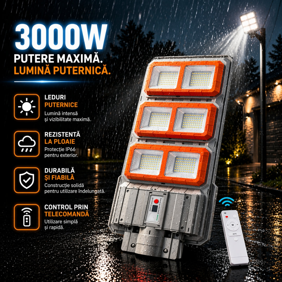 Lampă Solară 3000W cu Telecomandă – Iluminare Puternică Exterior