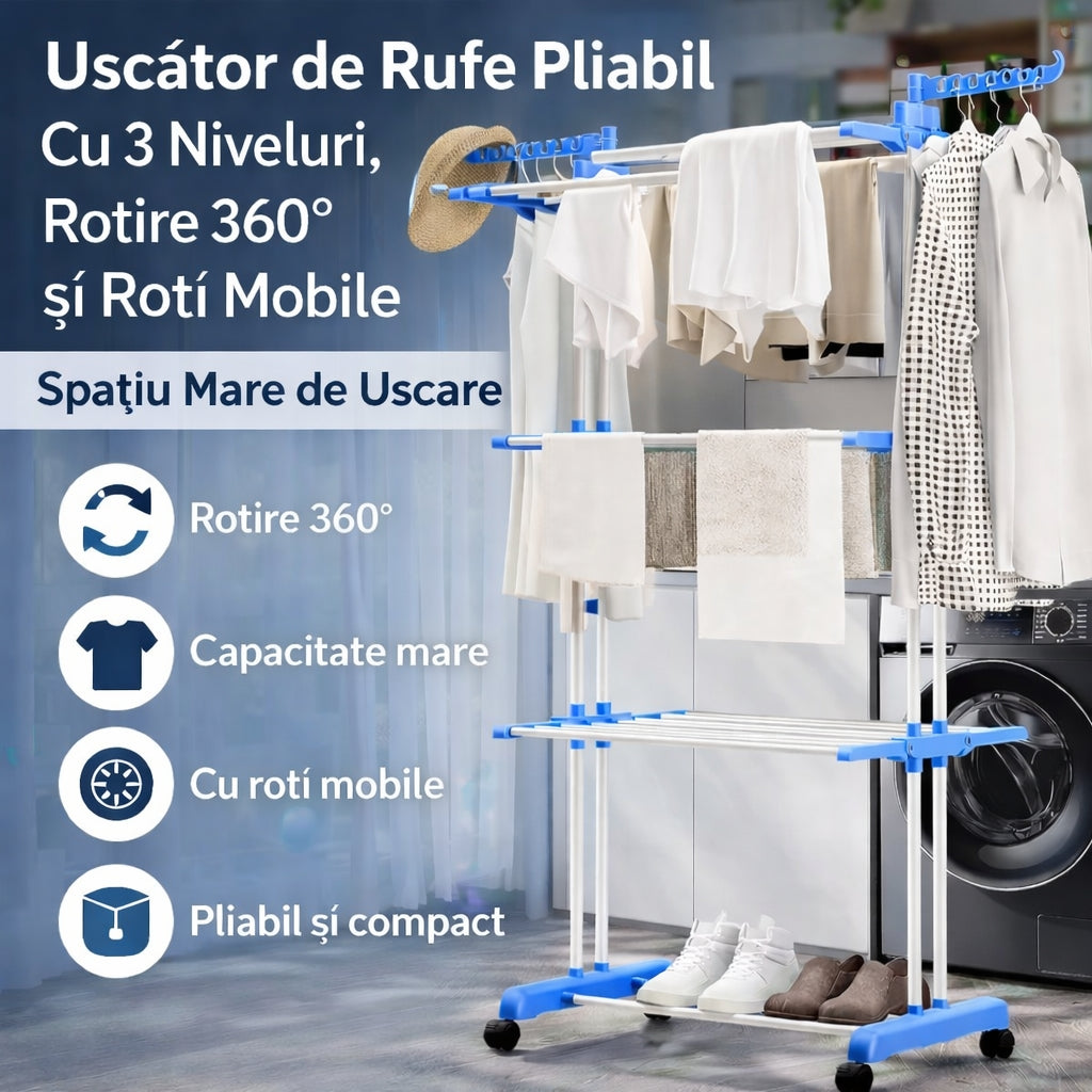 Suport de Rufe Pliabil cu 3 Niveluri și Roți Mobile - Capacitate Mare, Spațiu Maxim