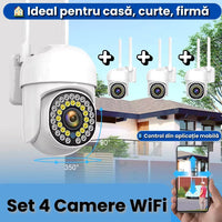 Set 4 Camere Supraveghere WiFi Exterior cu Senzor Mișcare, Vedere Nocturnă și Control din Telefon