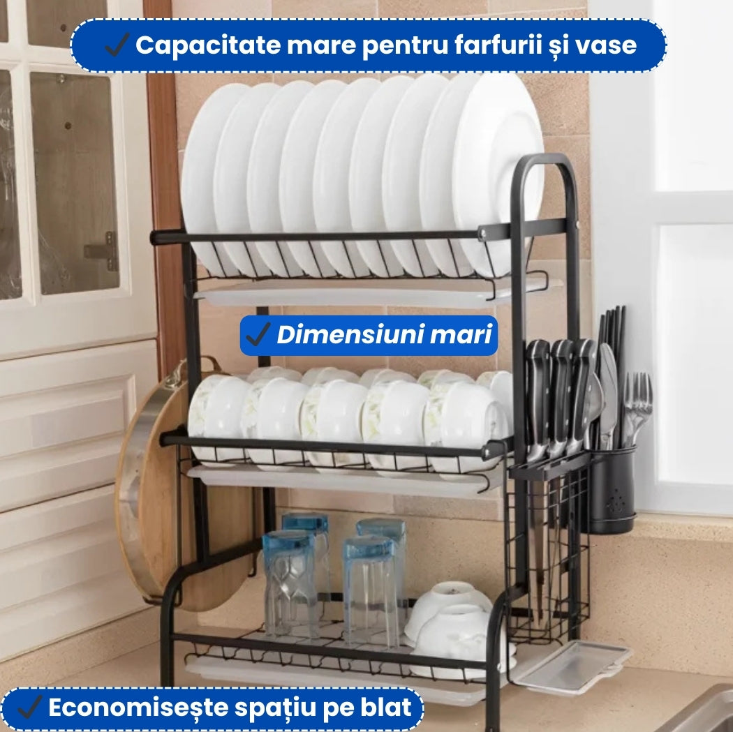 Suport Scurgător Vase 3 Niveluri – Organizare Maximă pentru Bucătăria Ta