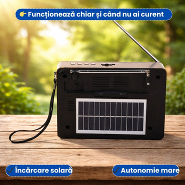 Radio Portabil Retro cu Panou Solar, Ceas, Recepție AM/FM/SW și Lanternă Incorporată