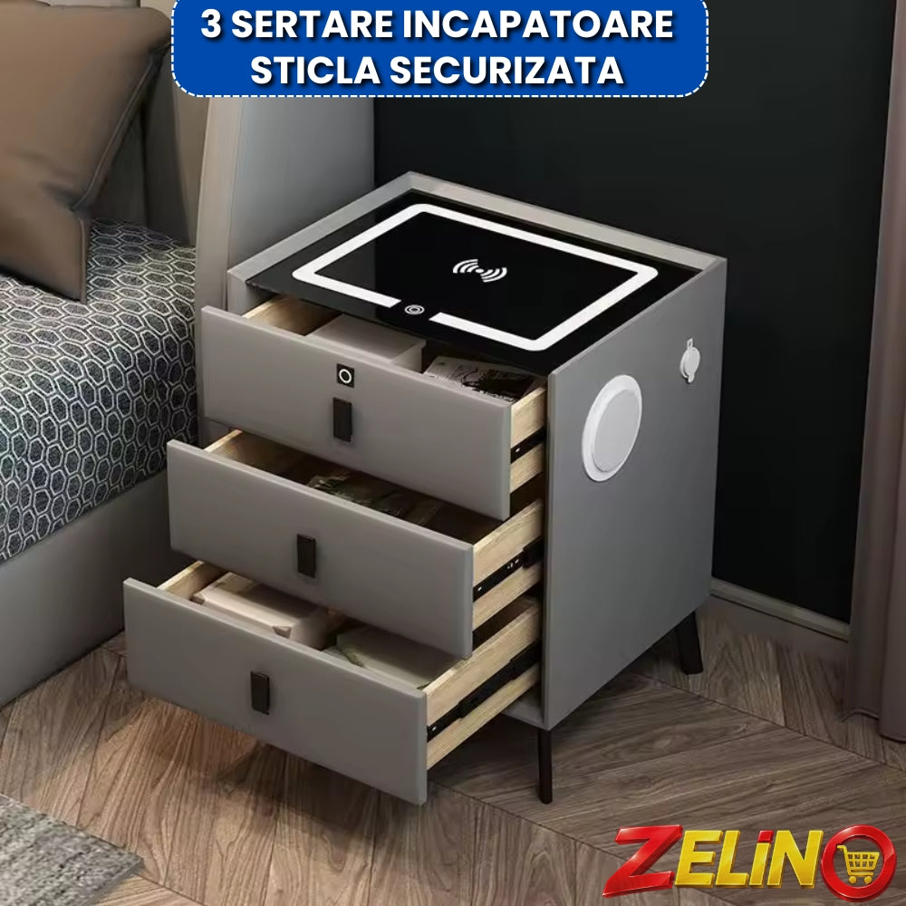 Noptiera ZELINO Cu Incarcare Wireless, Boxa Bluetooth, Lumina LED si Inchidere cu Amprenta