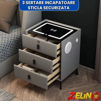 Noptiera ZELINO Cu Incarcare Wireless, Boxa Bluetooth, Lumina LED si Inchidere cu Amprenta