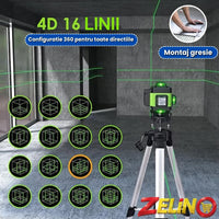 Nivelă ZELINO Laser 4D Profesională cu 16 Linii - Autonivelare, Trepied 150 cm și Telecomandă