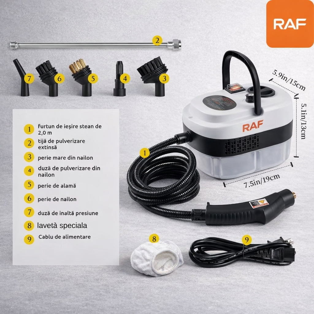Aparat Profesional de Curățat cu Aburi RAF – Putere Mare,8 Accesorii incluse si Rezervor 1L