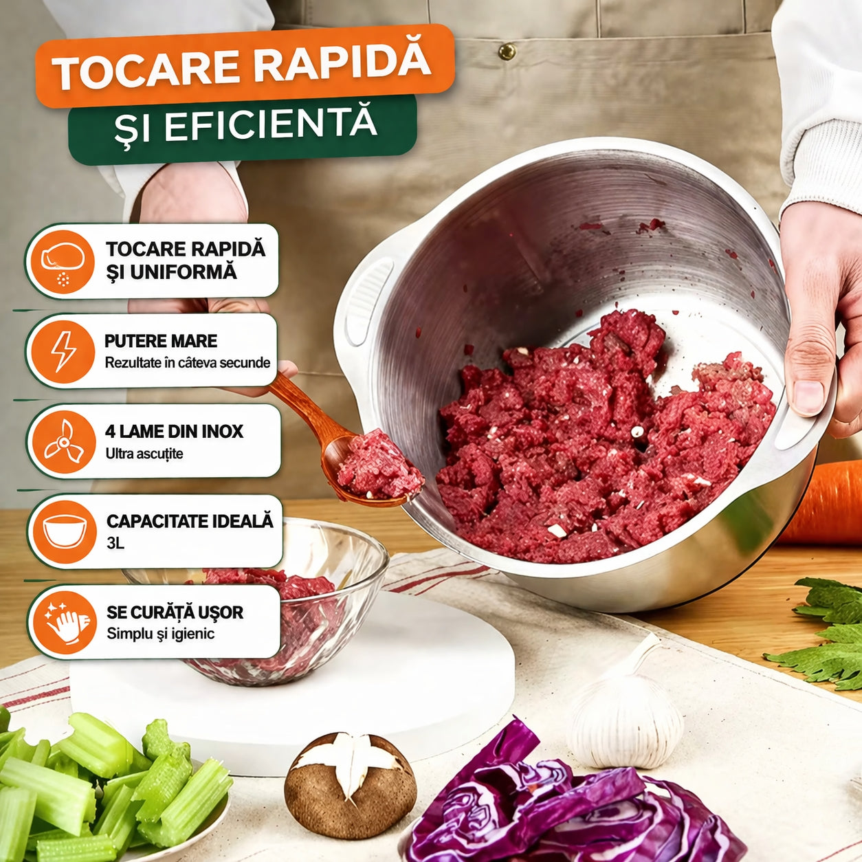 Tocator Profesional Electric RAF – 1000W, Bol Inox 3L, 4 Lame din Otel Ascuțite