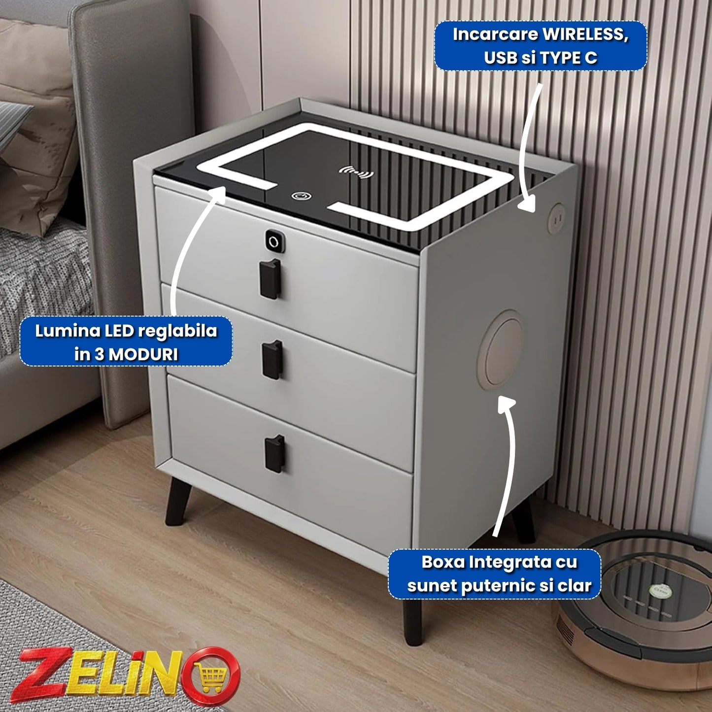 Noptiera ZELINO Cu Incarcare Wireless, Boxa Bluetooth, Lumina LED si Inchidere cu Amprenta