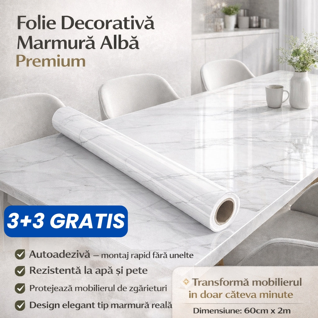 Folie Decorativă Autoadezivă Marmură Albă Premium – 60×200 cm