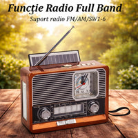 Radio Portabil Retro cu Panou Solar, Ceas, Recepție AM/FM/SW și Lanternă Incorporată