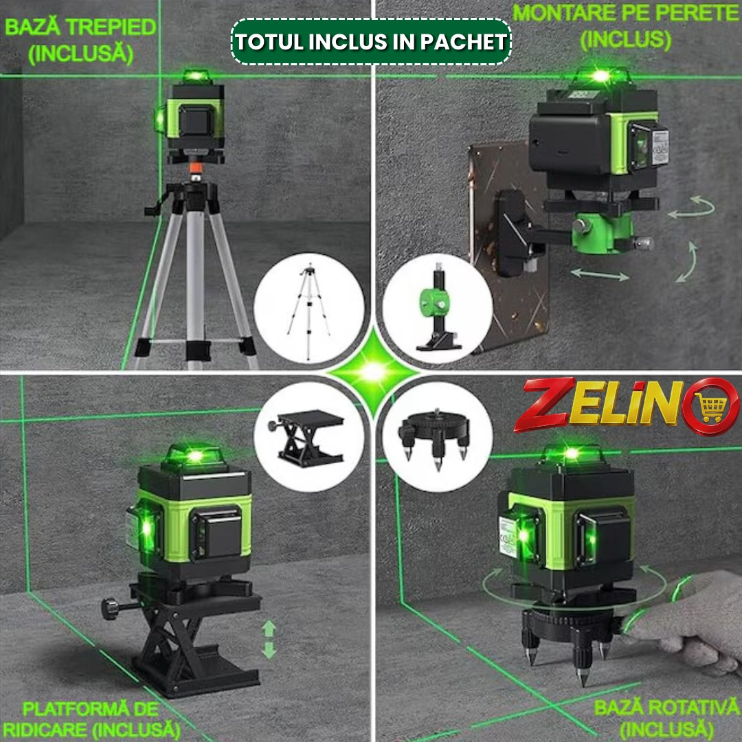 Nivelă ZELINO Laser 4D Profesională cu 16 Linii - Autonivelare, Trepied 150 cm și Telecomandă