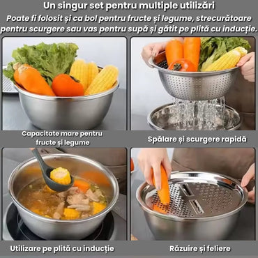 Bol Inox cu Capac Răzătoare și Scurgător – Ideal pentru Gătit