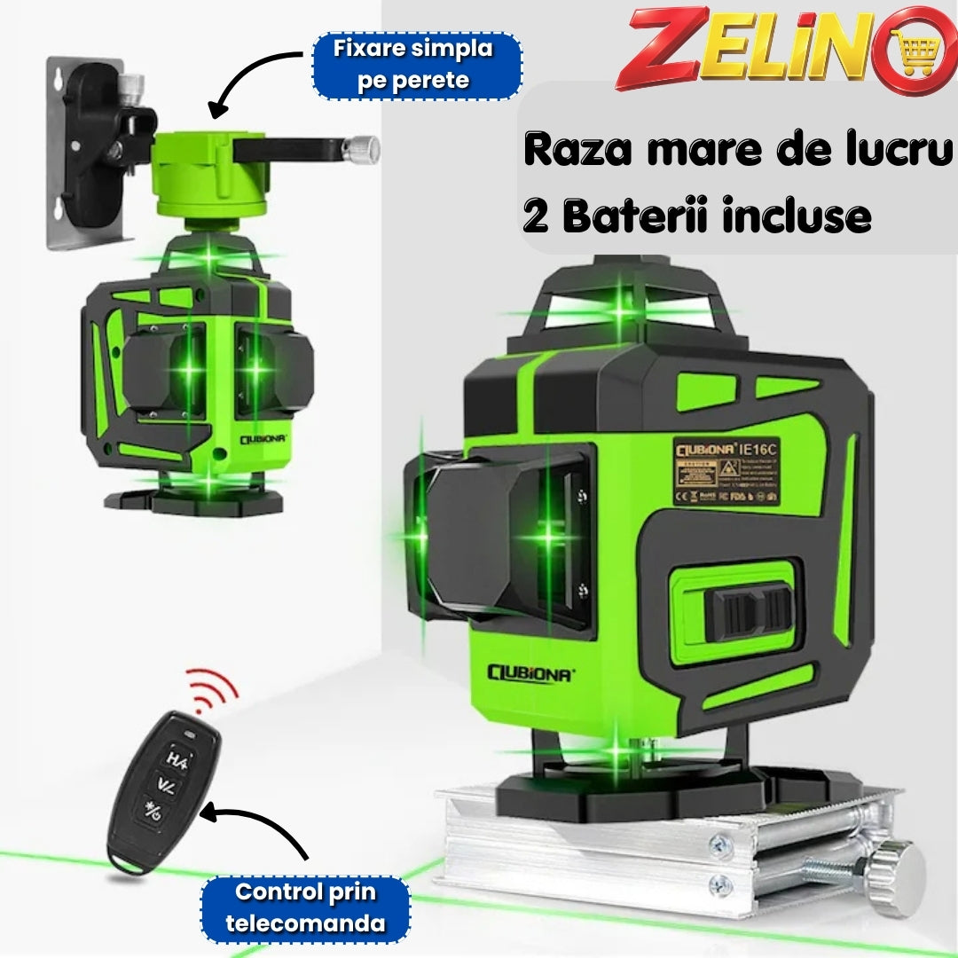 Nivelă ZELINO Laser 4D Profesională cu 16 Linii - Autonivelare, Trepied 150 cm și Telecomandă