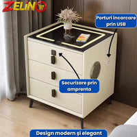Noptiera ZELINO Cu Incarcare Wireless, Boxa Bluetooth, Lumina LED si Inchidere cu Amprenta