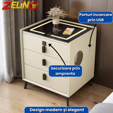 Noptiera ZELINO Cu Incarcare Wireless, Boxa Bluetooth, Lumina LED si Inchidere cu Amprenta