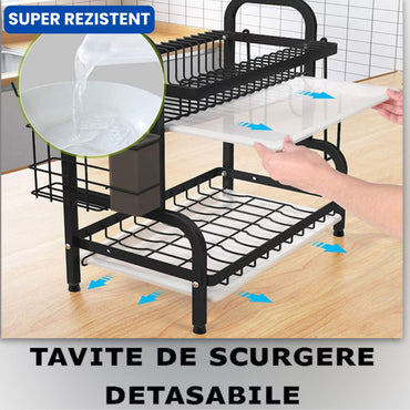 Suport Vase Metalic cu Două Niveluri – Scurgător cu Tavă și Suport Tacâmuri