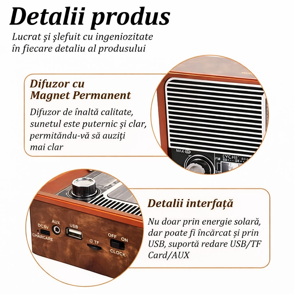 Radio Portabil Retro cu Panou Solar, Ceas, Recepție AM/FM/SW și Lanternă Incorporată