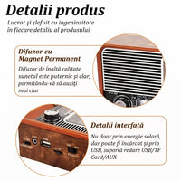 Radio Portabil Retro cu Panou Solar, Ceas, Recepție AM/FM/SW și Lanternă Incorporată