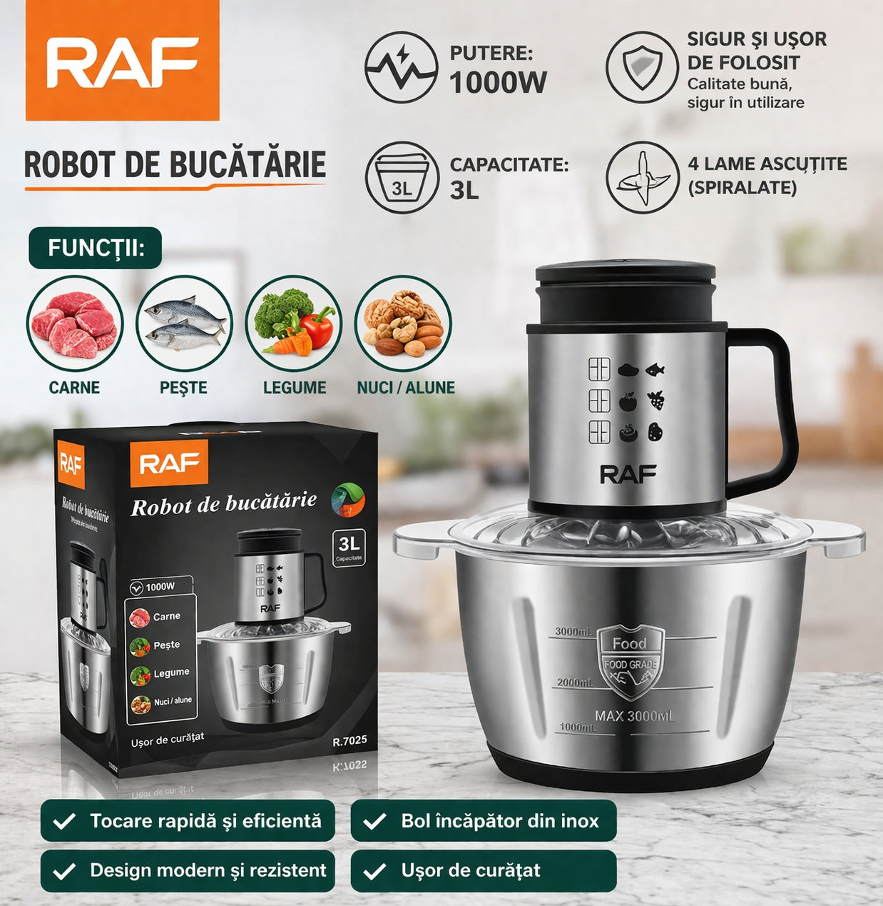 Tocator Profesional Electric RAF – 1000W, Bol Inox 3L, 4 Lame din Otel Ascuțite