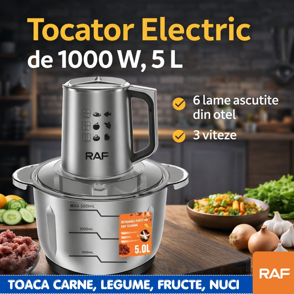 Tocător Electric Profesional 5 Litri  – 1000 W, 6 Lame pentru Carne, Legume și Nuci
