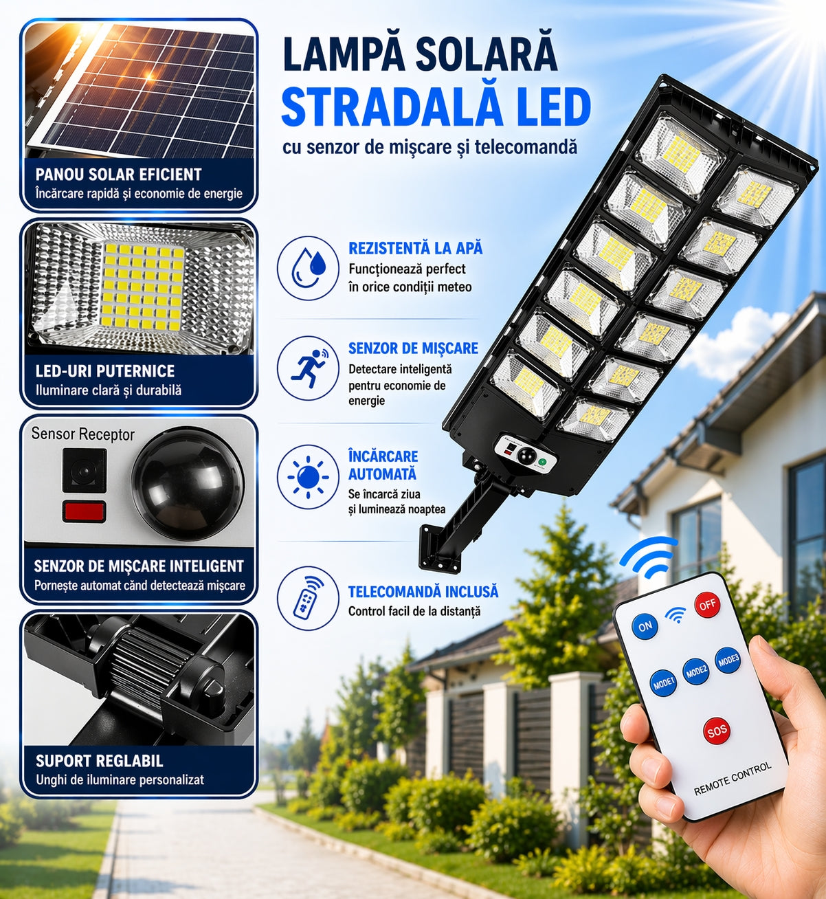 Lampă Solară Puternică Stradală LED cu Senzor Mișcare și Telecomandă
