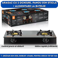 Aragaz cu 2 Ochiuri din Sticlă Termorezistentă – Alimentare la Butelie, Model Premium