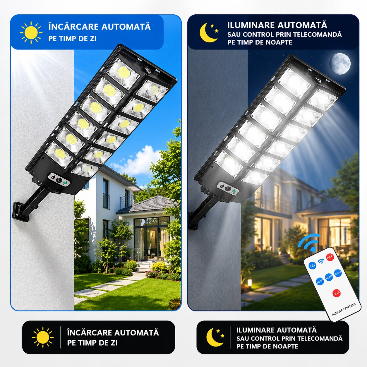 Lampă Solară Puternică Stradală LED cu Senzor Mișcare și Telecomandă