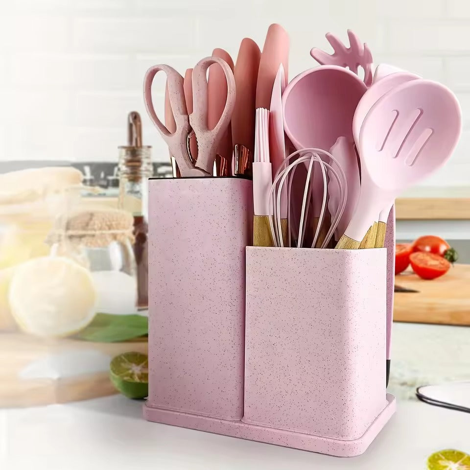 Set profesional 19 piese pentru bucătărie – silicon + inox + lemn