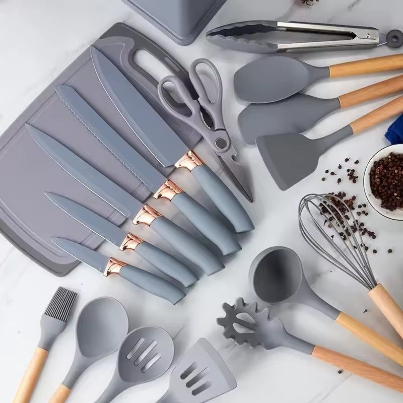 Set profesional 19 piese pentru bucătărie – silicon + inox + lemn
