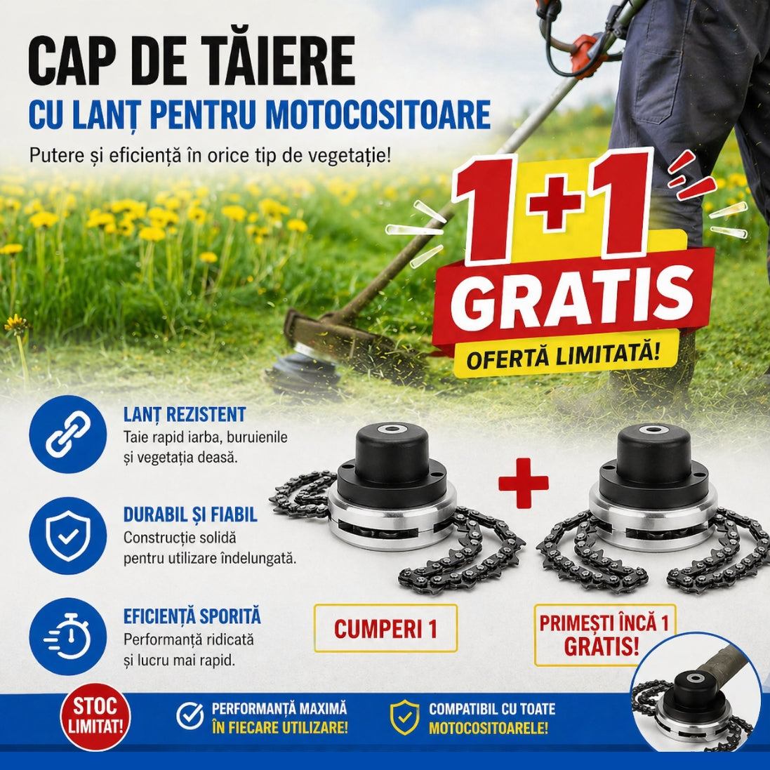 Set de 2 Capete de Tăiere cu Lanț pentru Motocoasă –  Taie Iarba Groasa, Buruienile, Arbustii